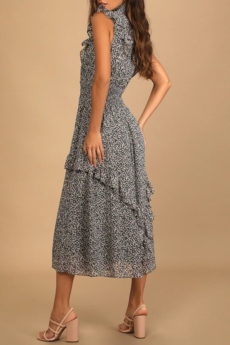Kaynafashions - Elegant College Floral Patchwork Turtleneck Waist Skirt Dresses