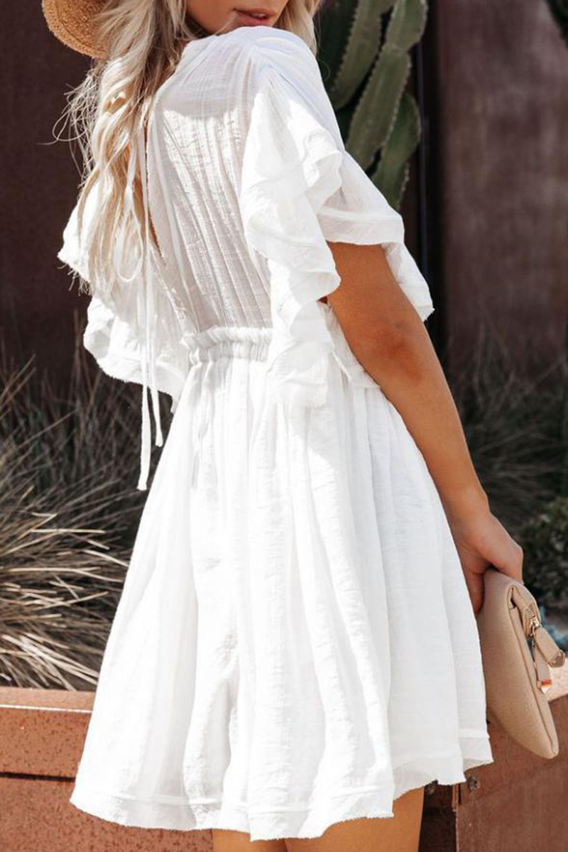 Kaynafashions - Casual Solid Flounce V Neck Cake Skirt Dresses(5 colors)