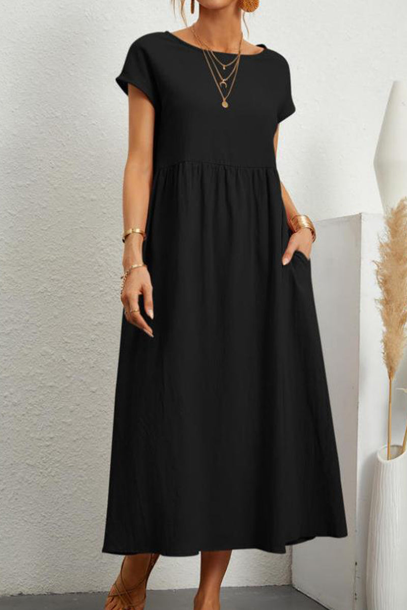 Kaynafashions - Casual Daily Solid Pocket O Neck Short Sleeve Dress(11 Colors)