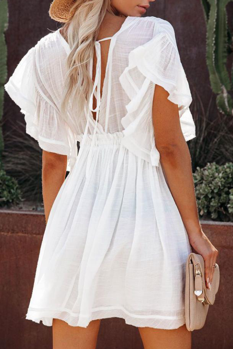 Kaynafashions - Casual Solid Flounce V Neck Cake Skirt Dresses(5 colors)