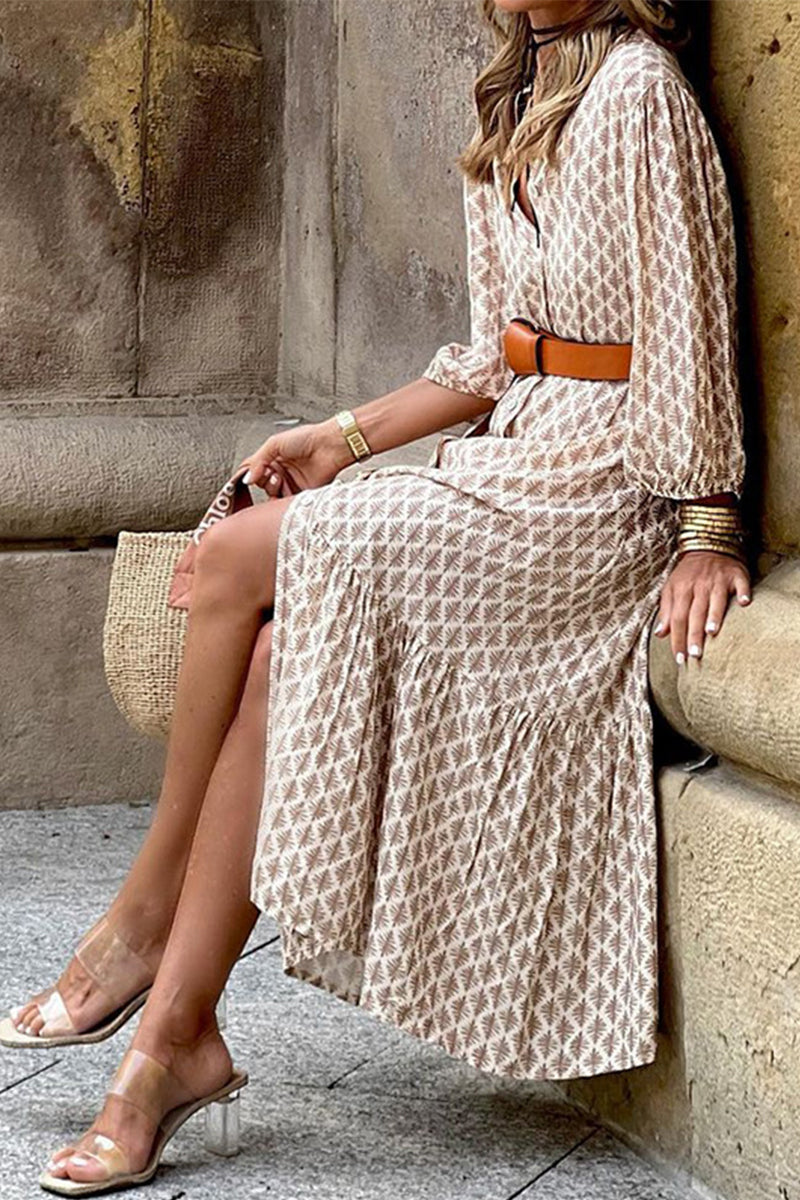 Kaynafashions - Elegant Floral With Belt V Neck A Line Dresses