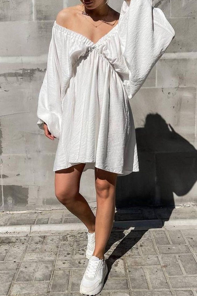 Kaynafashions - Sexy Simplicity Solid Flounce Fold V Neck Long Sleeve Dresses