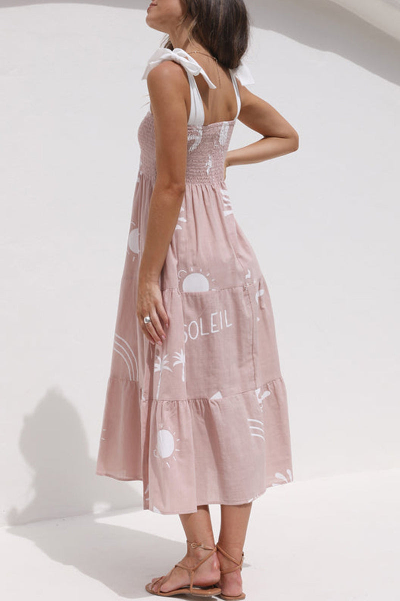 Kaynafashions - Sweet Elegant Print Frenulum Square Collar Beach Dress Dresses