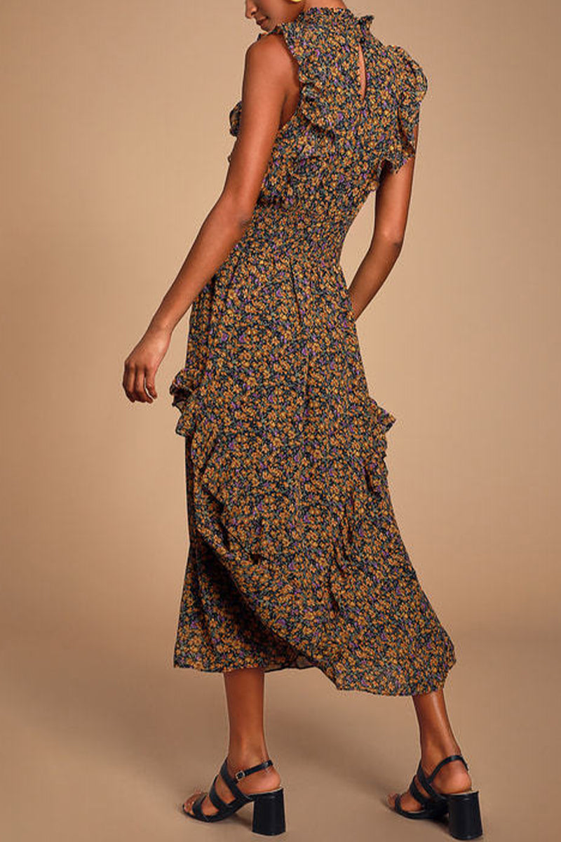 Kaynafashions - Elegant College Floral Patchwork Turtleneck Waist Skirt Dresses