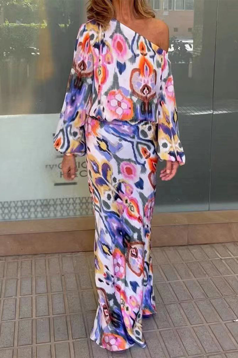 Kaynafashions - Sexy Floral Asymmetrical Oblique Collar Long Sleeve Two Pieces(7 Colors)