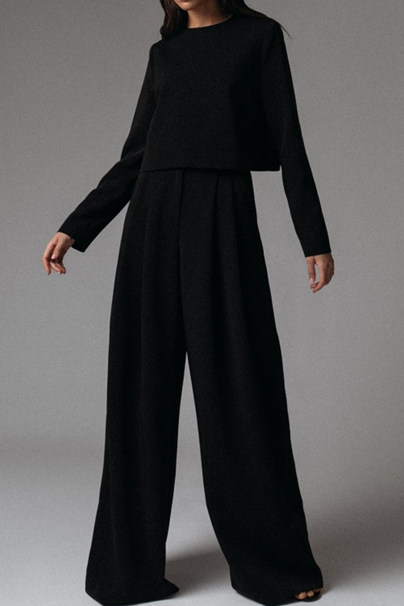 Kaynafashions - Elegant Solid Pocket O Neck Long Sleeve Two Pieces