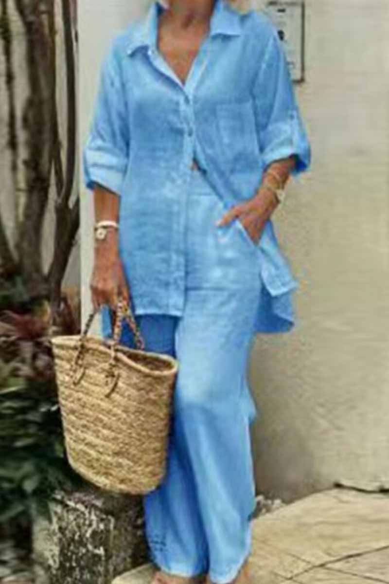 Kaynafashions - Casual Solid Patchwork Turndown Collar Long Sleeve Two Pieces