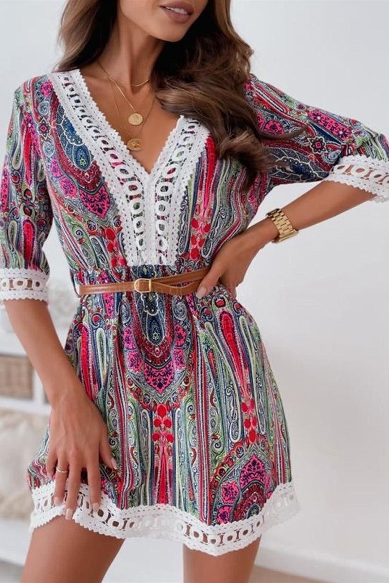 Kaynafashions - Fashion Sweet Print Patchwork V Neck A Line Dresses