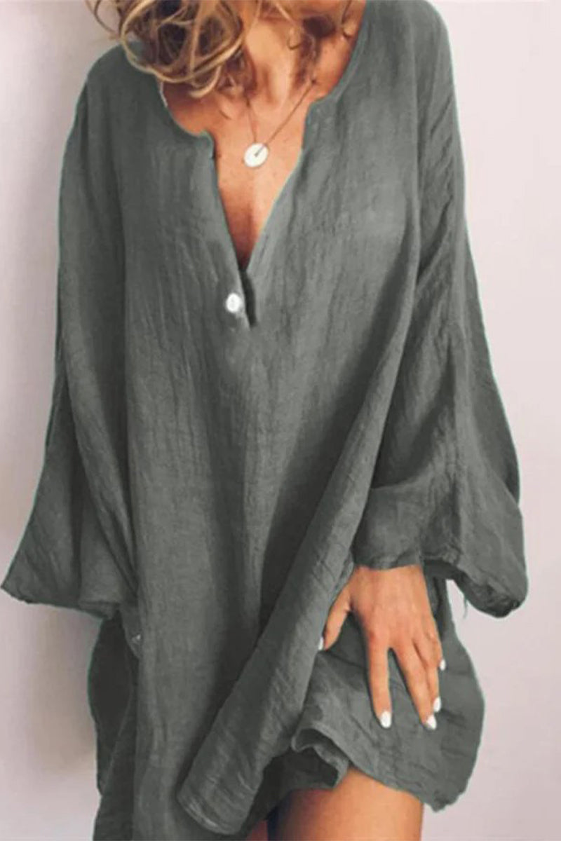 Kaynafashions - Plus Size Casual Solid Buttons V Neck Long Sleeve Dresses