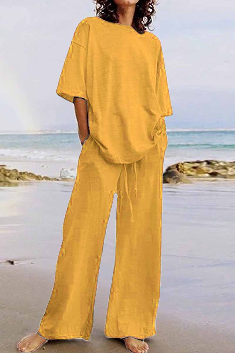 Kaynafashions - Casual Living Solid O Neck Short Sleeve Two Pieces(11 Colors)