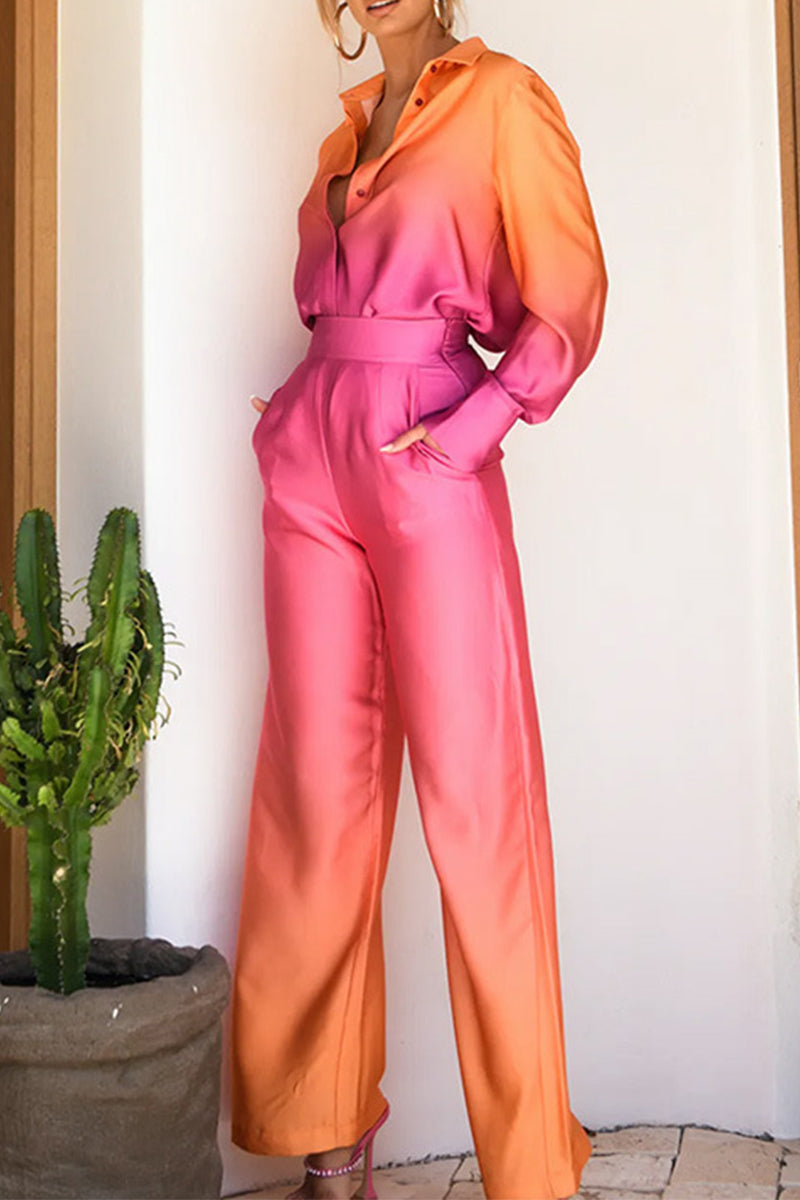 Kaynafashions - Casual Gradual Change Contrast Turndown Collar Long Sleeve Two Pieces(8 Colors)