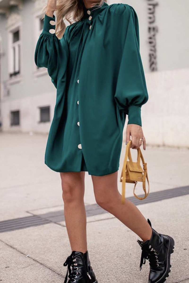 Kaynafashions - Casual Solid Buckle Half A Turtleneck Shirt Dress Dresses(5 colors)