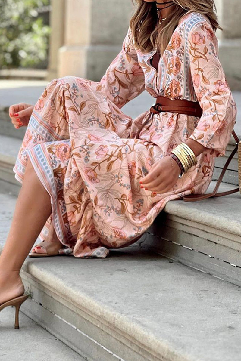 Kaynafashions - Bohemian Floral With Belt V Neck A Line Dresses