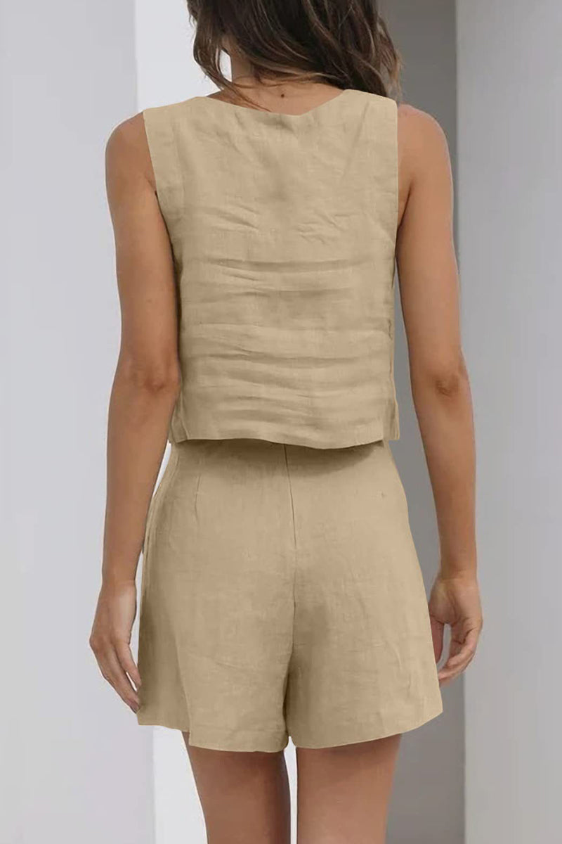 Kaynafashions - Casual Simplicity Solid Pocket Square Collar Sleeveless Two Pieces(16 Colors)