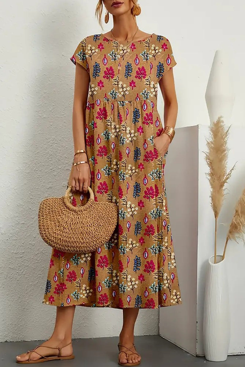 Kaynafashions - Casual Floral Pocket O Neck Printed Dress Dresses(9 Colors)