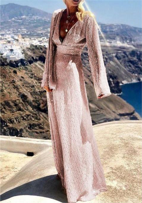 Kaynafashions - Party Solid Sequins V Neck Evening Dress Dresses