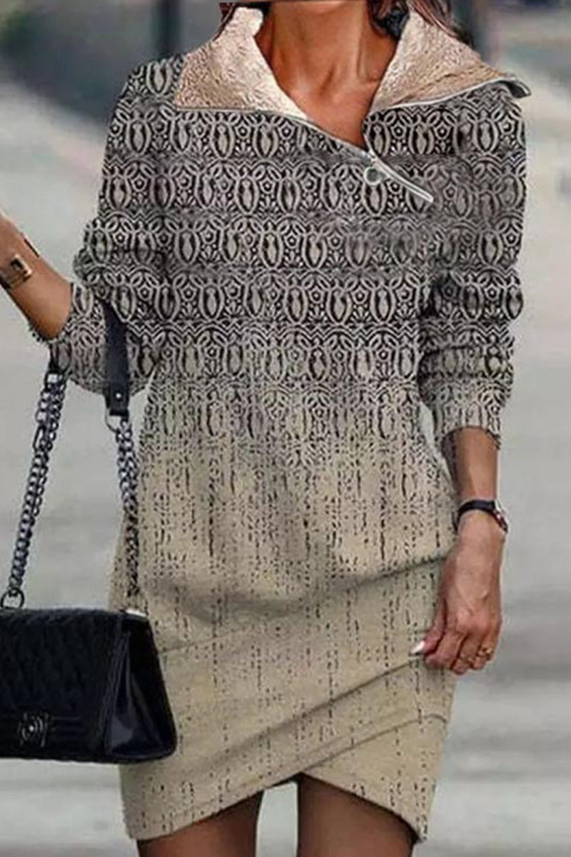 Kaynafashions - Casual Print Patchwork Oblique Collar A Line Dresses