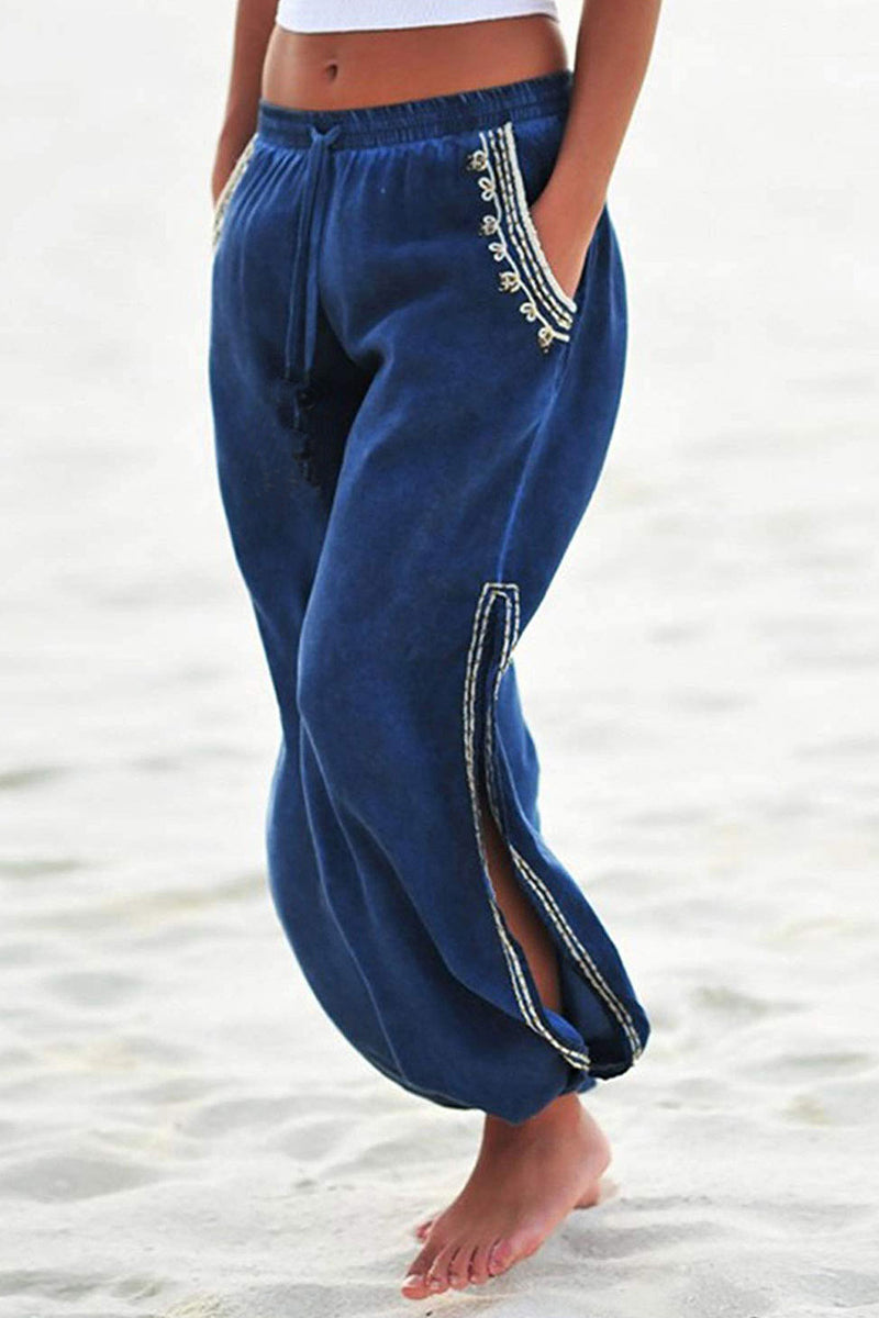 Kaynafashions - Casual Vacation Print Tassel Patchwork Slit Loose Harlan Patchwork Bottoms