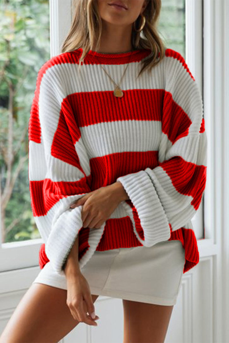 Kaynafashions - Fashion Sweet Striped Contrast O Neck Sweaters(5 Colors)