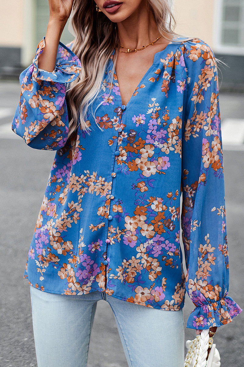 Kaynafashions - Sweet Elegant Floral Buttons V Neck Tops