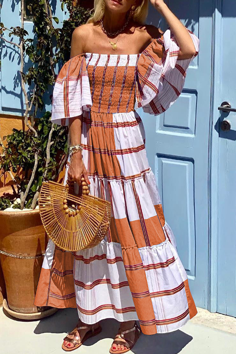 Kaynafashions - Fashion Print Patchwork Off the Shoulder Cake Skirt Dresses(3 Colors)