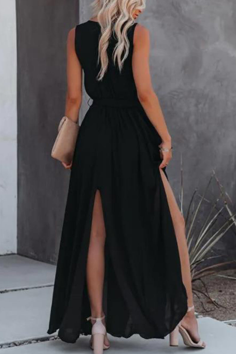 Kaynafashions - Sexy Casual Solid Slit V Neck Sleeveless Dress Dresses