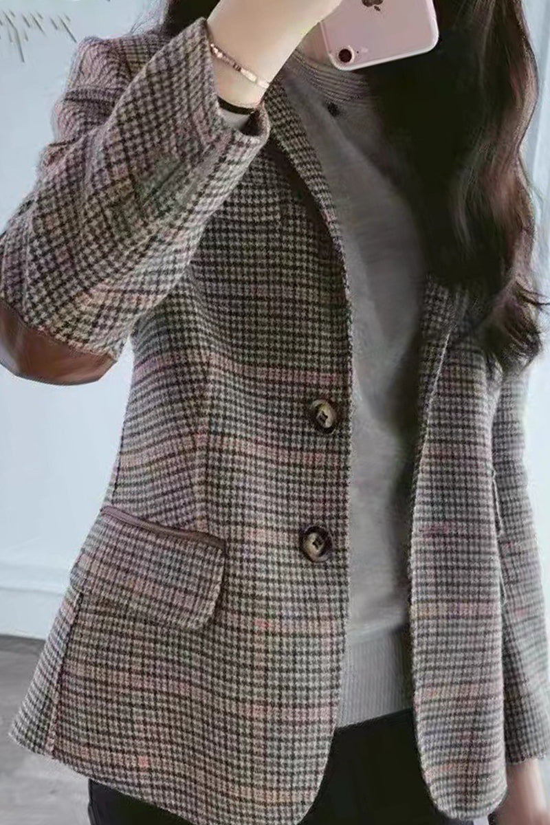 Kaynafashions -  Work Plaid Patchwork Turn-back Collar Outerwear