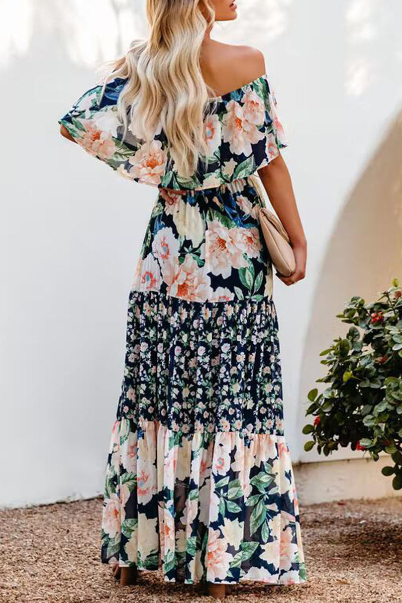 Kaynafashions - Elegant Floral Patchwork Flounce Off the Shoulder Cake Skirt Dresses