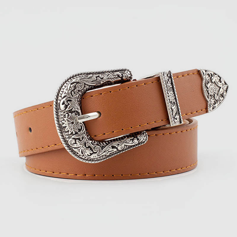 Kaynafashions - Wisherryy Western Vintage Carved Buckle Basic Belt