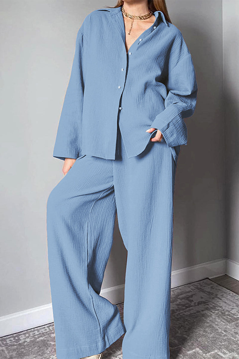 Kaynafashions - Casual Simplicity Solid Turndown Collar Long Sleeve Two Pieces