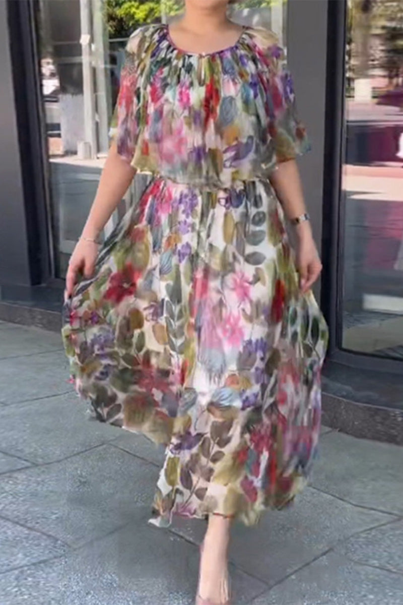 Kaynafashions - Sweet Elegant Floral Fold O Neck Printed Dress Dresses