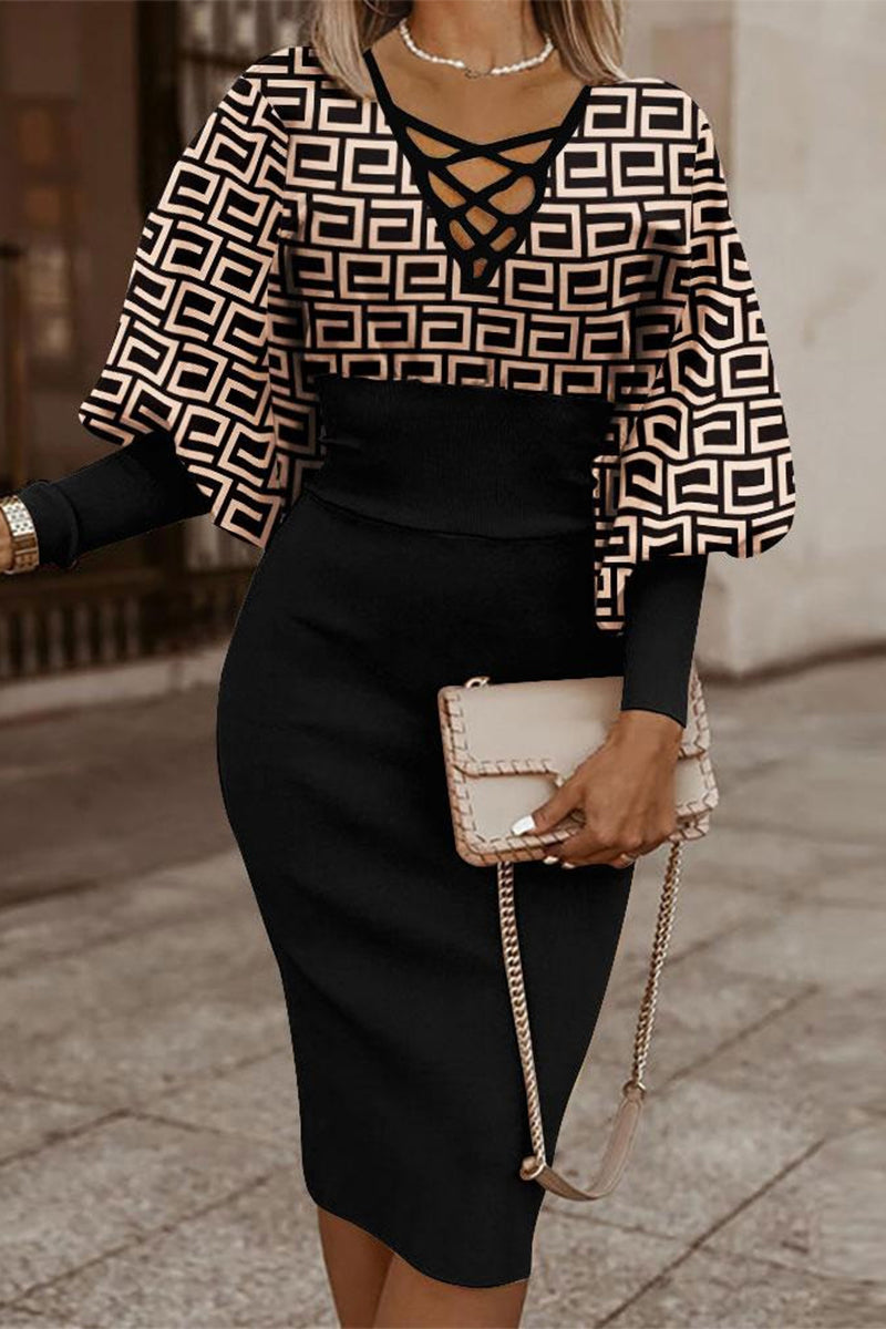 Kaynafashions - Elegant Print Bandage V Neck Wrapped Skirt Dresses