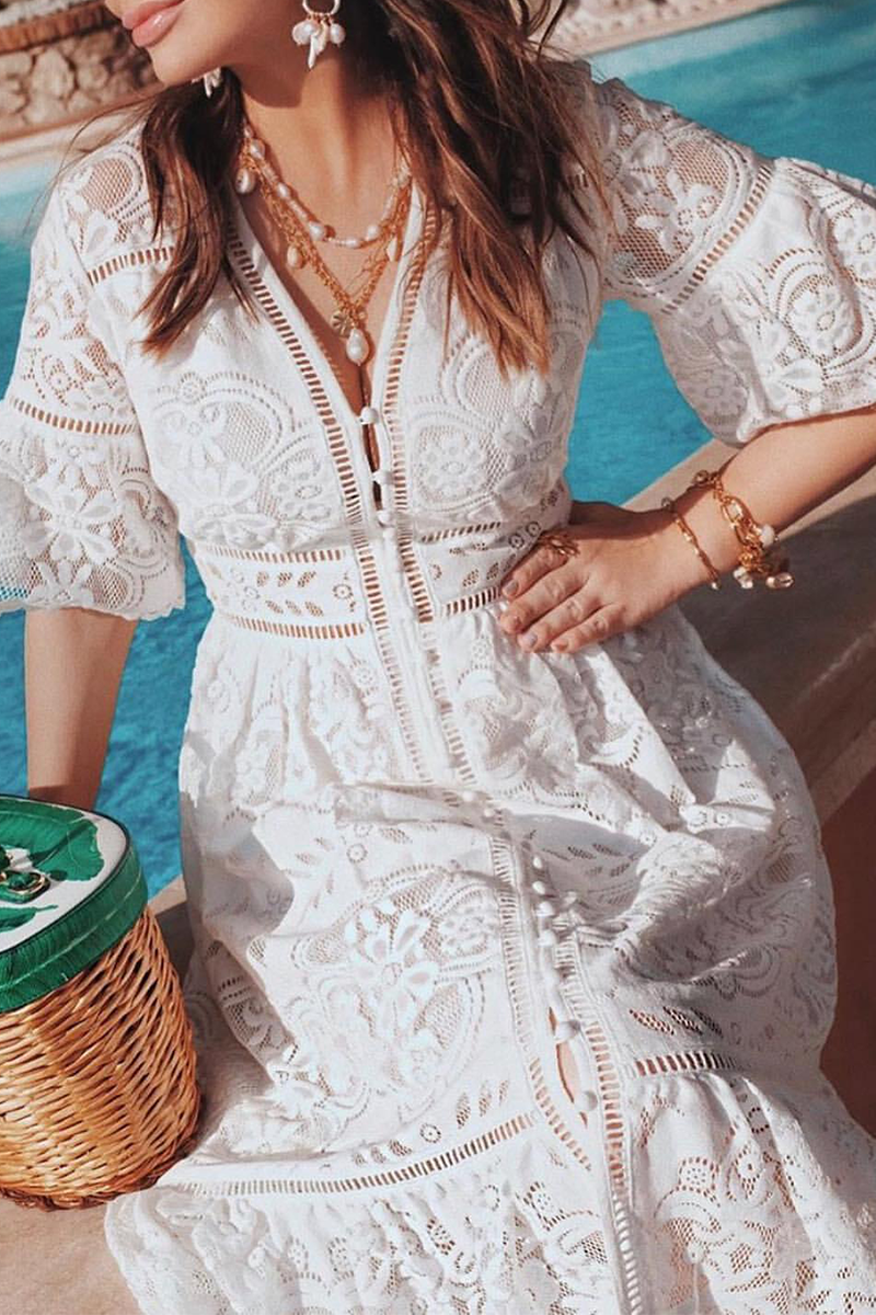 Kaynafashions - Casual Solid Lace V Neck Lace Dress Dresses(3 Colors)