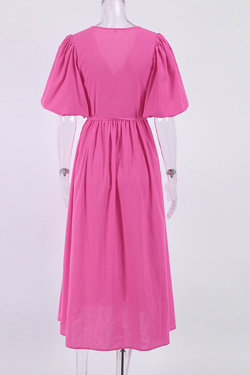 Kaynafashions - Casual Solid Bandage Patchwork Slit V Neck Straight Dresses(3 Colors)