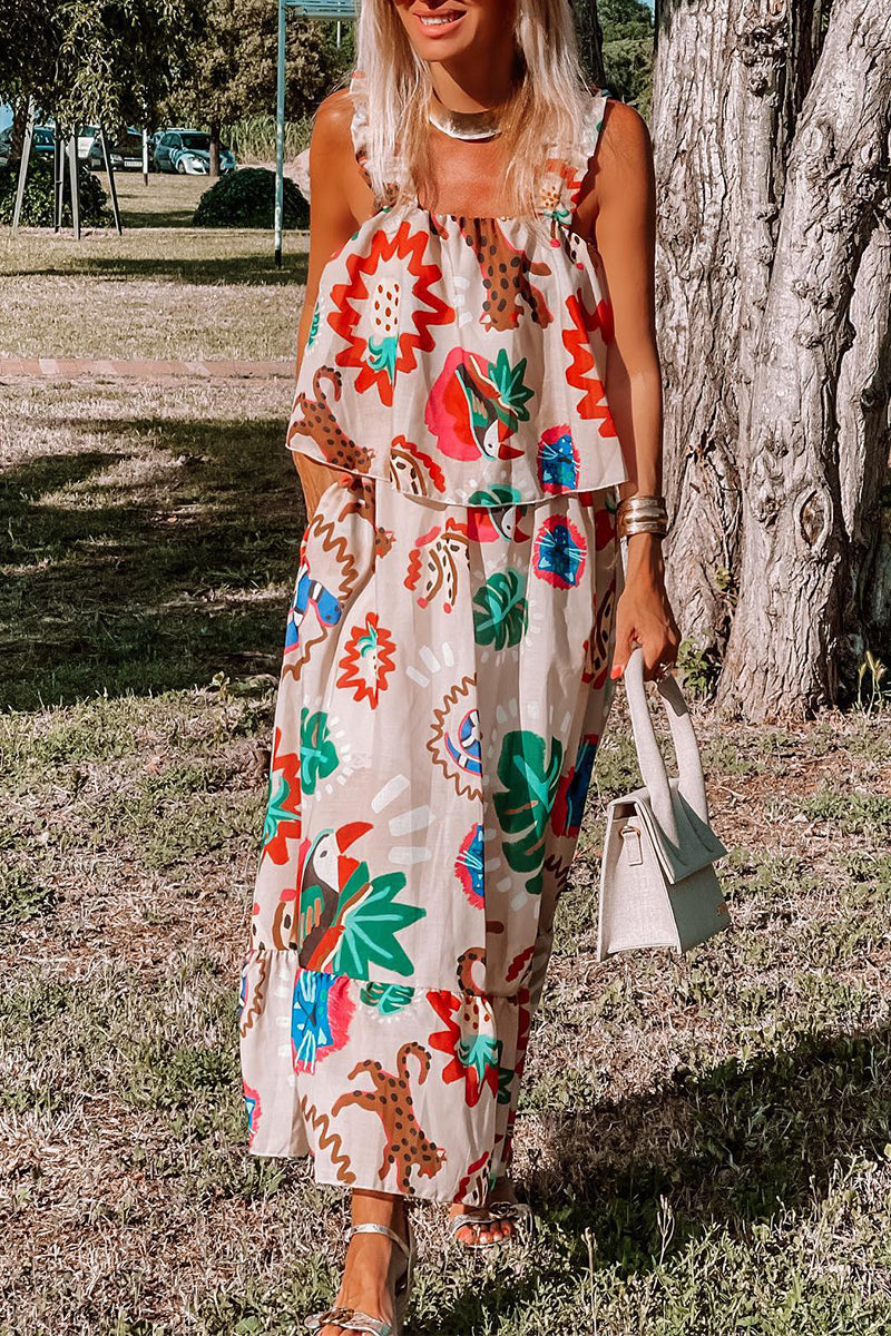 Kaynafashions - Bohemian Elegant Print Patchwork Square Collar Printed Dress Dresses