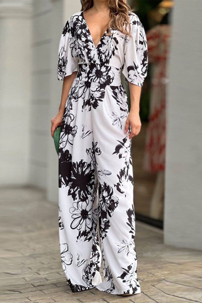 Kaynafashions - Casual Elegant Floral Patchwork V Neck Loose Jumpsuits