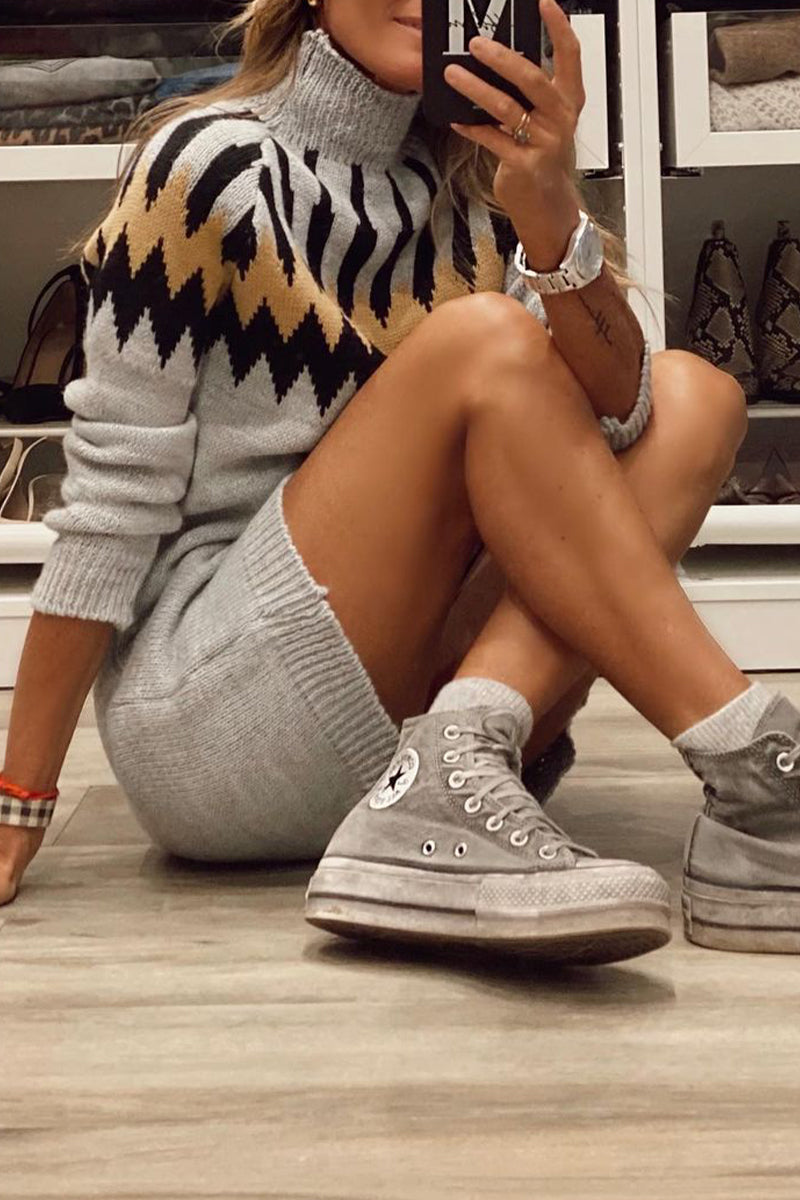 Kaynafashions - British Style Geometric Patchwork Turtleneck A Line Dresses