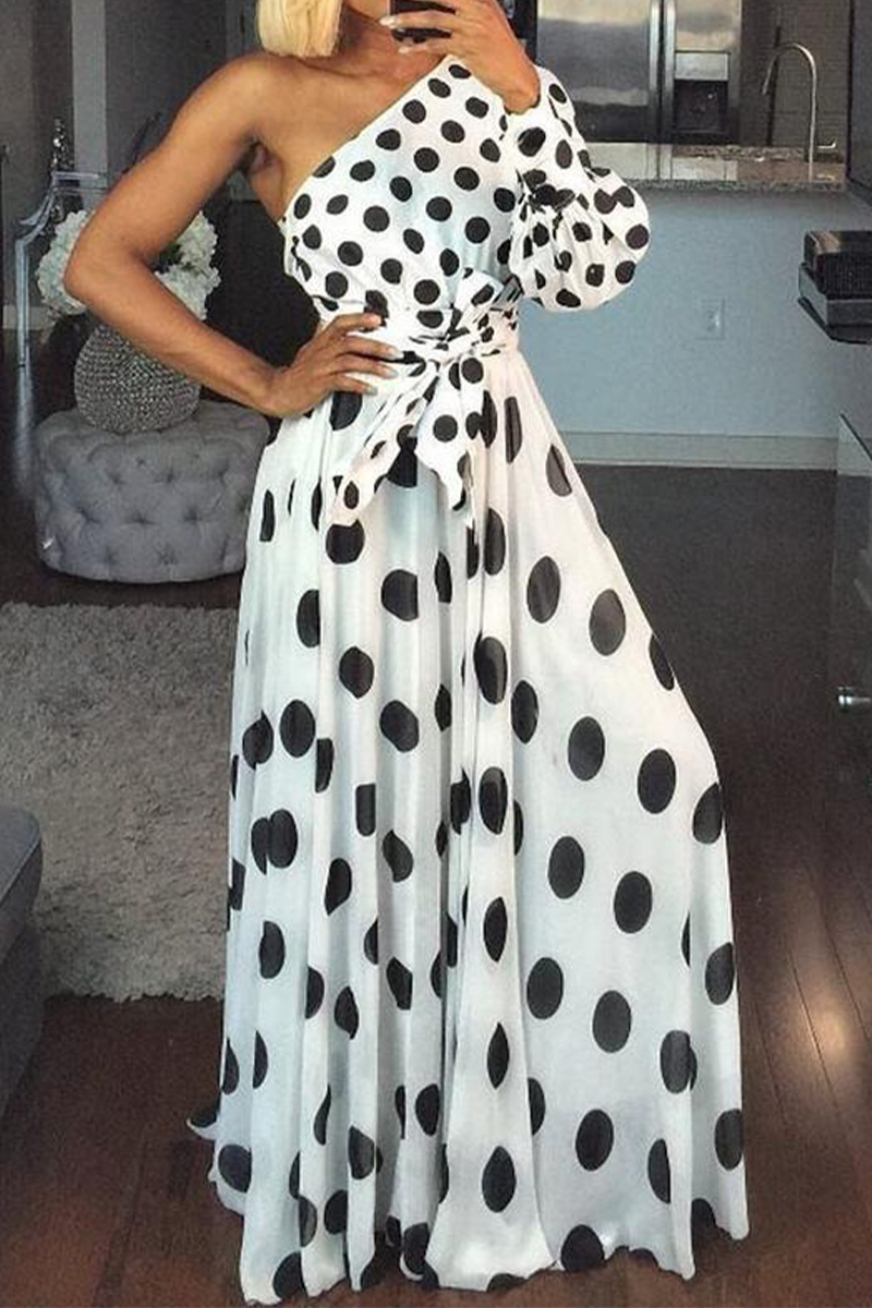 Kaynafashions - Casual Dot Patchwork One Shoulder Waist Skirt Dresses