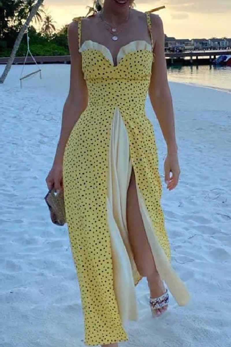 Kaynafashions - Elegant Print Solid Patchwork Slit V Neck A Line Dresses