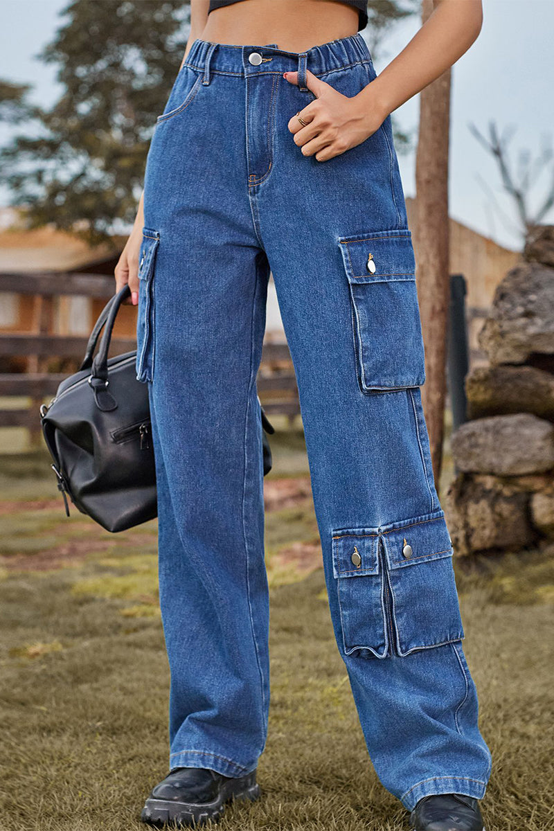 Kaynafashions - Street Solid Pocket Mid Waist Loose Denim Jeans