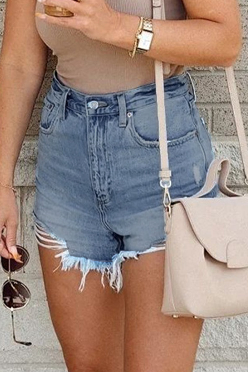Kaynafashions - Casual Street Solid Ripped High Waist Denim Shorts