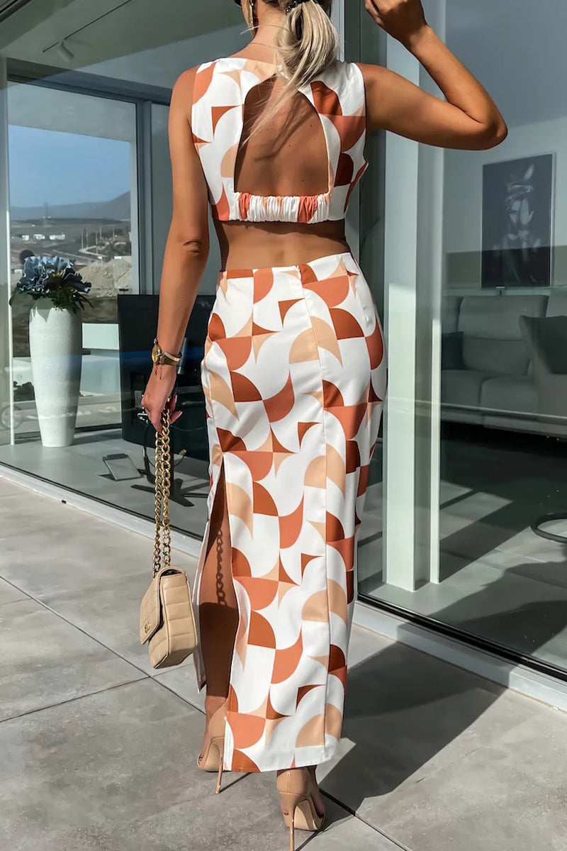 Kaynafashions - Sexy Celebrities Geometric Print Backless Slit O Neck A Line Dresses