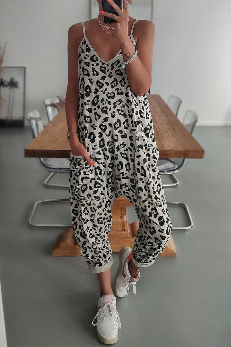 Kaynafashions - Casual Leopard Pocket Printing V Neck Loose Jumpsuits