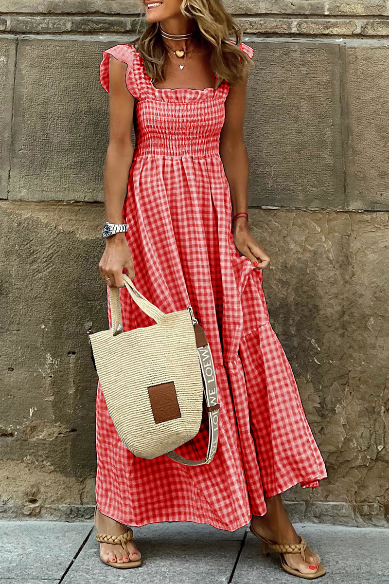 Kaynafashions - Fashion Plaid Patchwork Square Collar Cake Skirt Dresses(4 Colors)