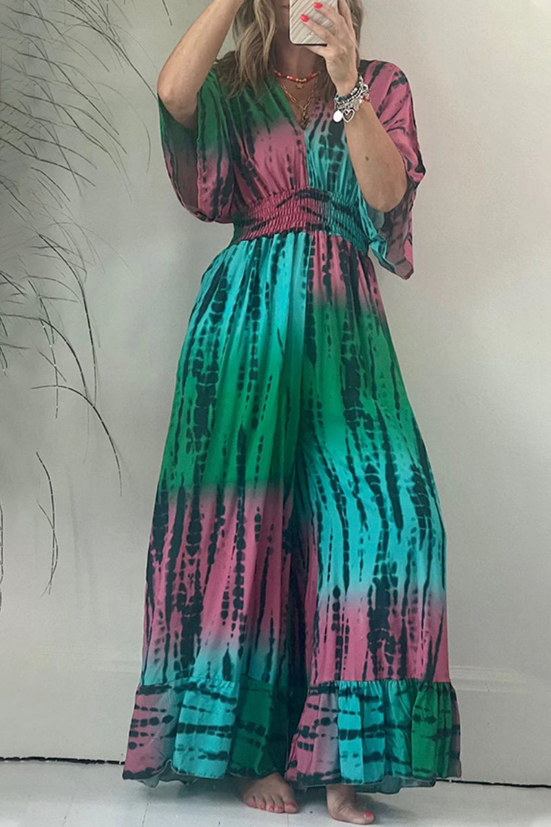 Kaynafashions - Casual Print Pocket V Neck Loose Jumpsuits