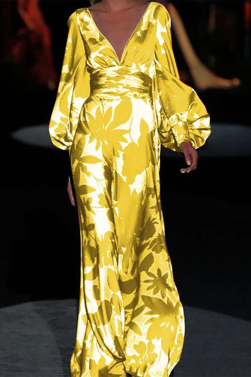 Kaynafashions - Elegant Print Printing V Neck Cake Skirt Dresses(3 Colors)