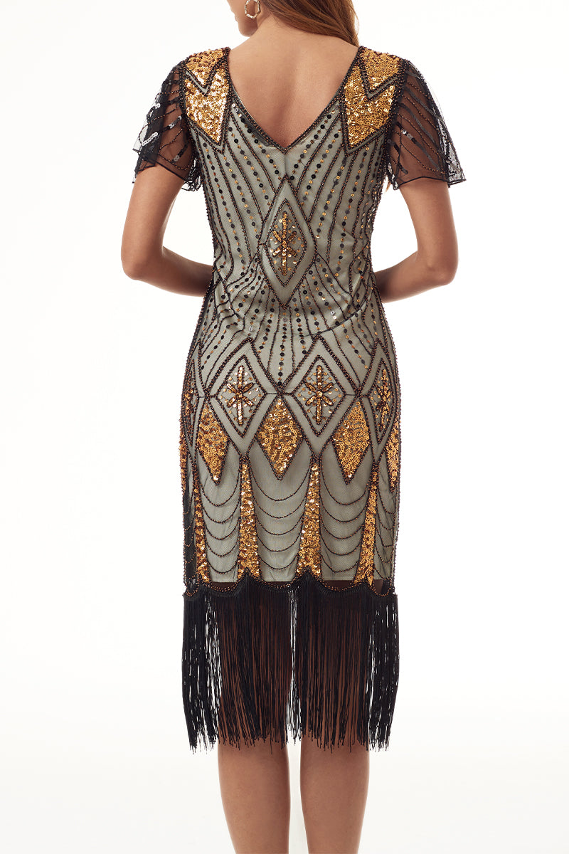 Kaynafashions - College Formal Patchwork Tassel Bead tube Zipper V Neck Evening Dress Dresses