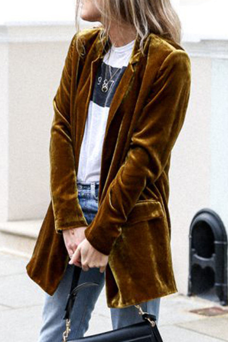 Kaynafashions - Elegant Solid Pocket Turndown Collar Outerwear(4 Colors)