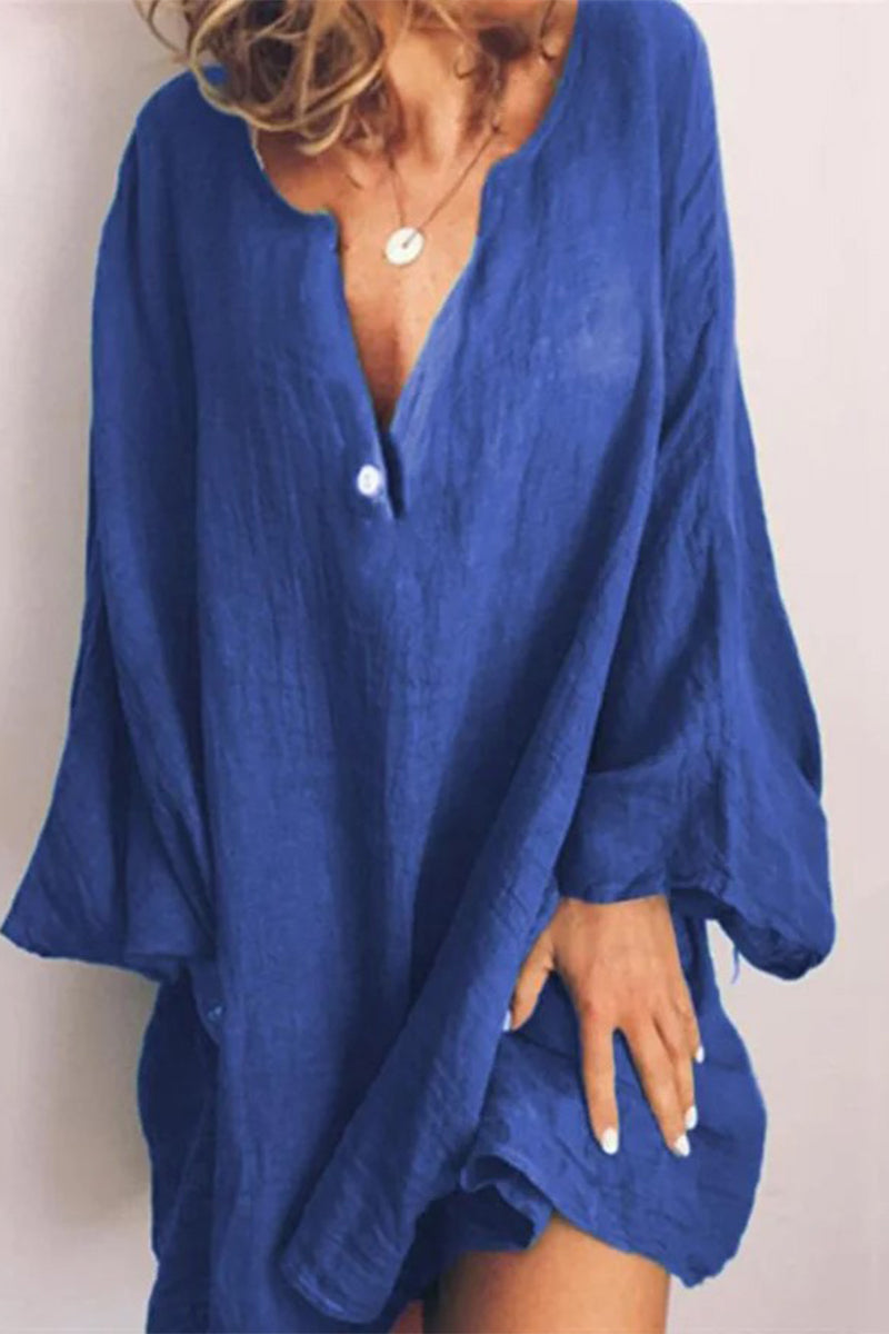 Kaynafashions - Plus Size Casual Solid Buttons V Neck Long Sleeve Dresses