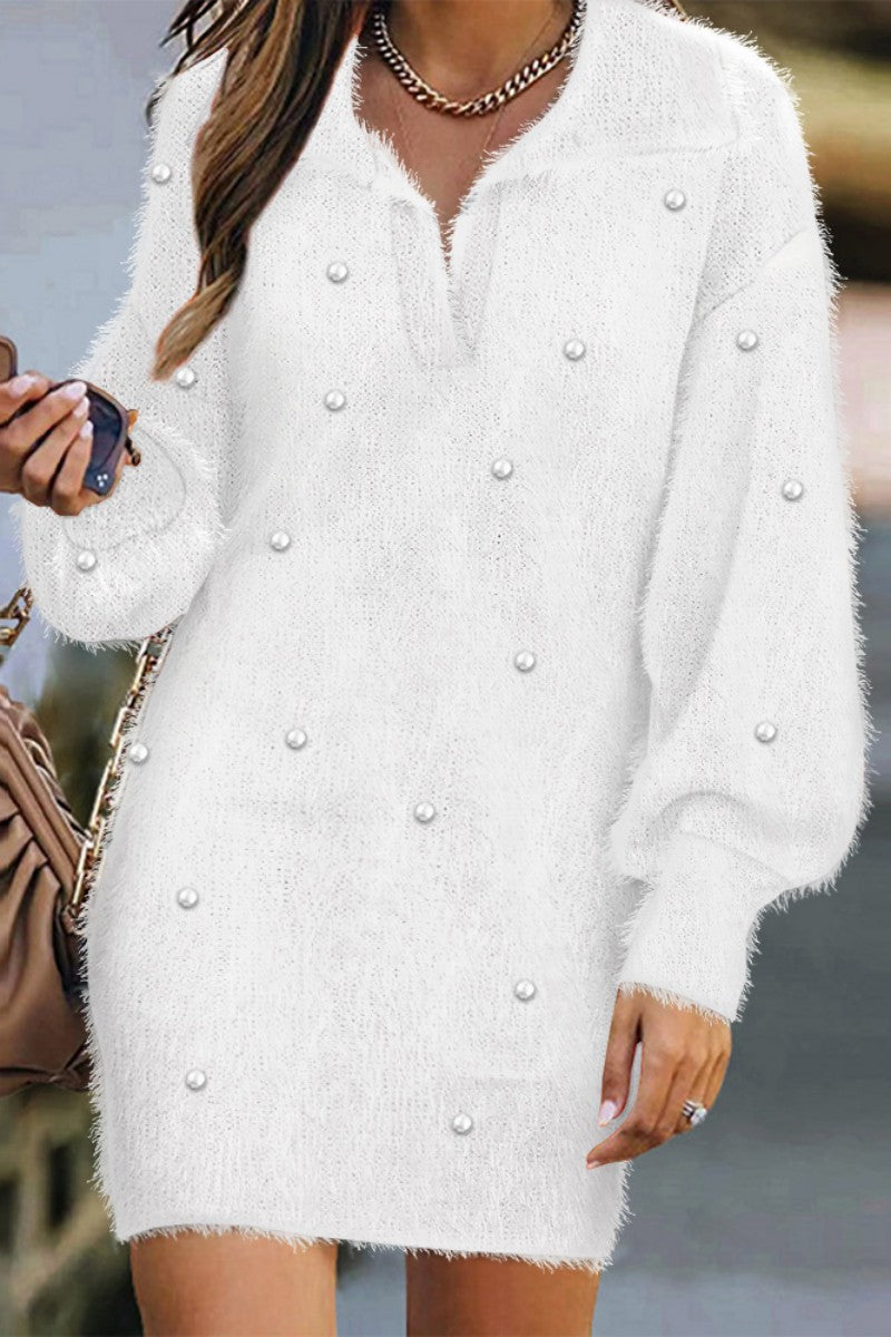 Kaynafashions - Casual Solid Pearl Turndown Collar Long Sleeve Dresses